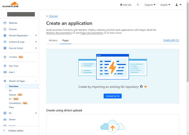 Cloudflare pages create an application