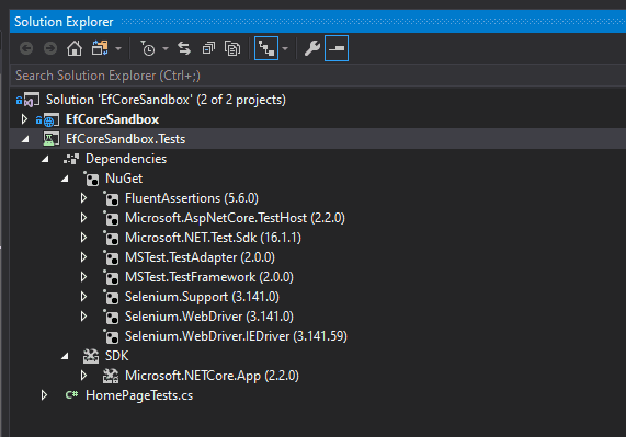 Visual Studio tests project